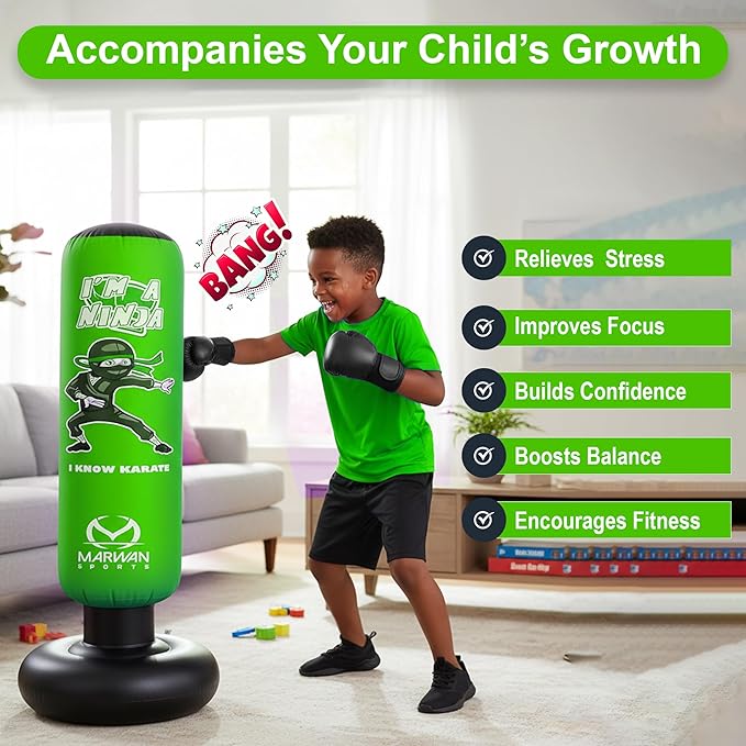 Marwan Sports 5-in-1 Inflatable Punching Bag for Kids – 63" Karate Toy Set with Boxing Gloves, Durable Fast Rebound, Active Play Christmas/Birthday Gift for Boys & Girls Ages 4-12