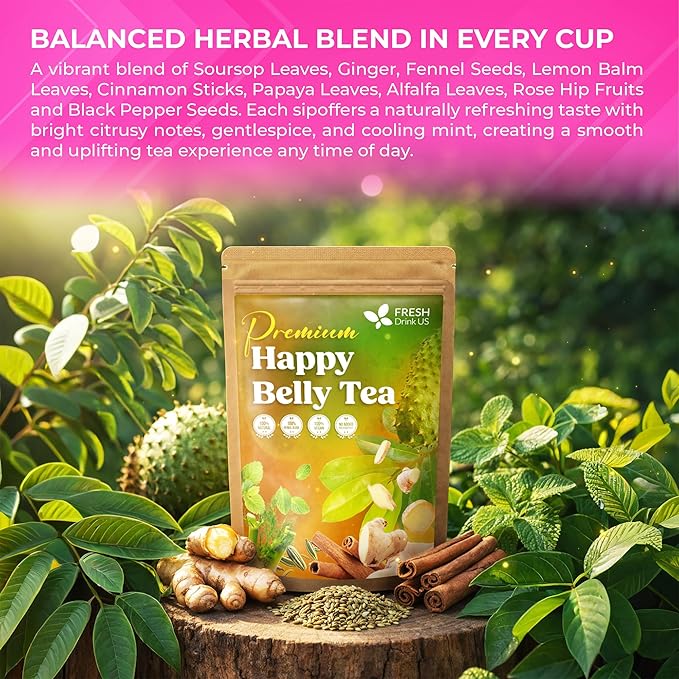 FreshDrinkUS, Premium Happy Belly Tea | 75 Tea Bags | Herbal Tea Blend with Soursop Leaves, Ginger, Fennel Seed, Lemon Balm, Cinnamon, Papaya Leaves & Rose Hip – Naturally Caffeine Free. Sugar Free