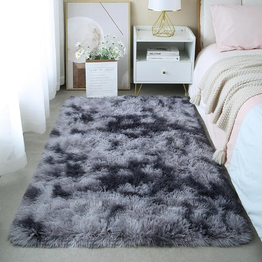 3x5 Tie-dye Dark Grey Fluffy Shag Rug for Bedroom, Plush Washable Carpet | Area Rug for Living Room, Kids Nursery, Dorm Room, Non Slip Shaggy Floor Carpet