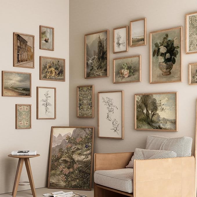 16 PCS Framed Vintage Wall Art Decor, French Country Farmhouse Gallery Wall Frame Set Prints for Bedroom Bathroom, Rustic Landscape Posters for Living Room Aesthetic, Cottagecore Dorm Home Collage Kit