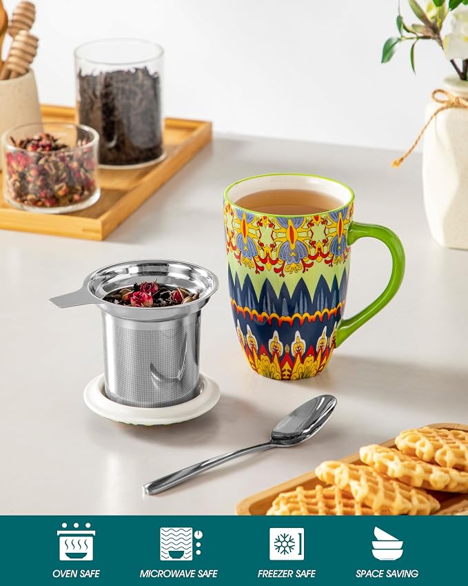 vancasso Ceramic Tea Cup with Infuser and Lid, 18 Ounce Tea Infuser Mug for Loose Leaf Tea, Microwave & Dishwasher Safe, Bohemian Mandala, Gift for Tea Lovers, Mint Petal Whirl