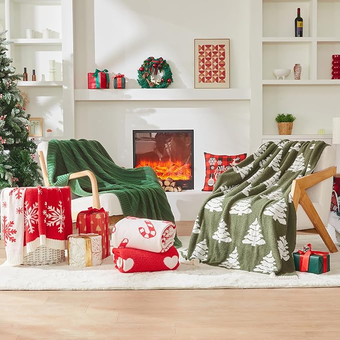 Douceur Christmas Green Throw Blanket for Bed, Soft Cozy Lightweight Stripe Pattern Knitted Throw Blanket for Sofa, Living Room Gift, 60"X80"