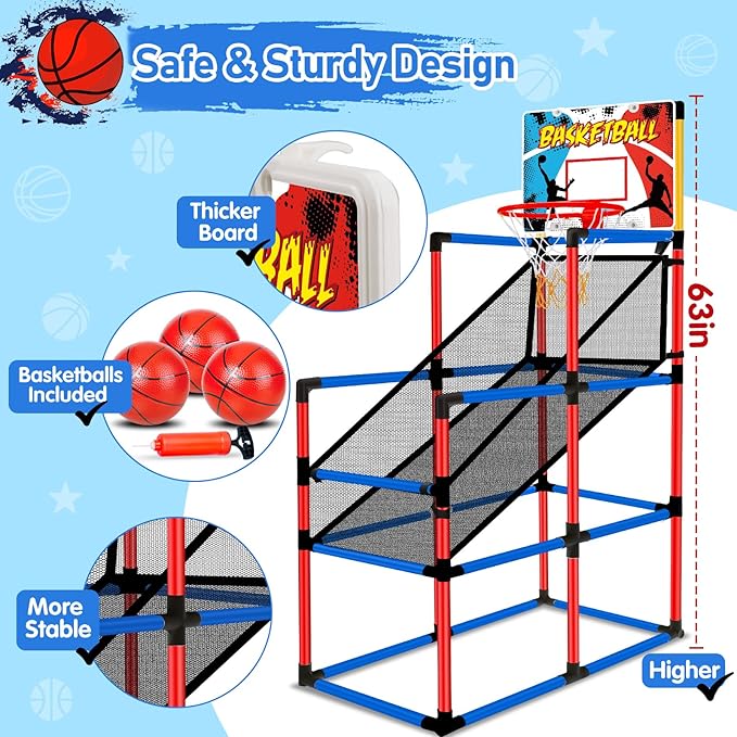 63" Arcade Basketball Game Set with 3 Balls, Kids Basketball Hoop Age 3 to 12 Indoor Outdoor Sports Play - Easy Set Up - Carnival Birthday Party Games Yard Toys for 3 4 5 6 7 8+ Year Old Boys Gift