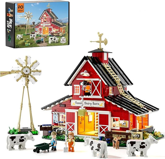FUNWHOLE Farm Cow-Barn Lighting Building-Bricks Set - Farm Life Cow Barn House Collection LED Light Building Construction Set 1368 Pcs for Adults and Teen