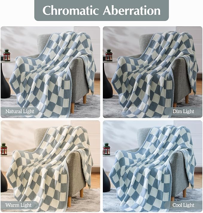 Soft Twin Size Checkered Blanket for Bed-Cozy Knitted Blankets | Lightweight Fluffy Warm Decor for Women, Mom, Her & Girls, Sofa, Chair, Couch, 60x80in,Grey Blue