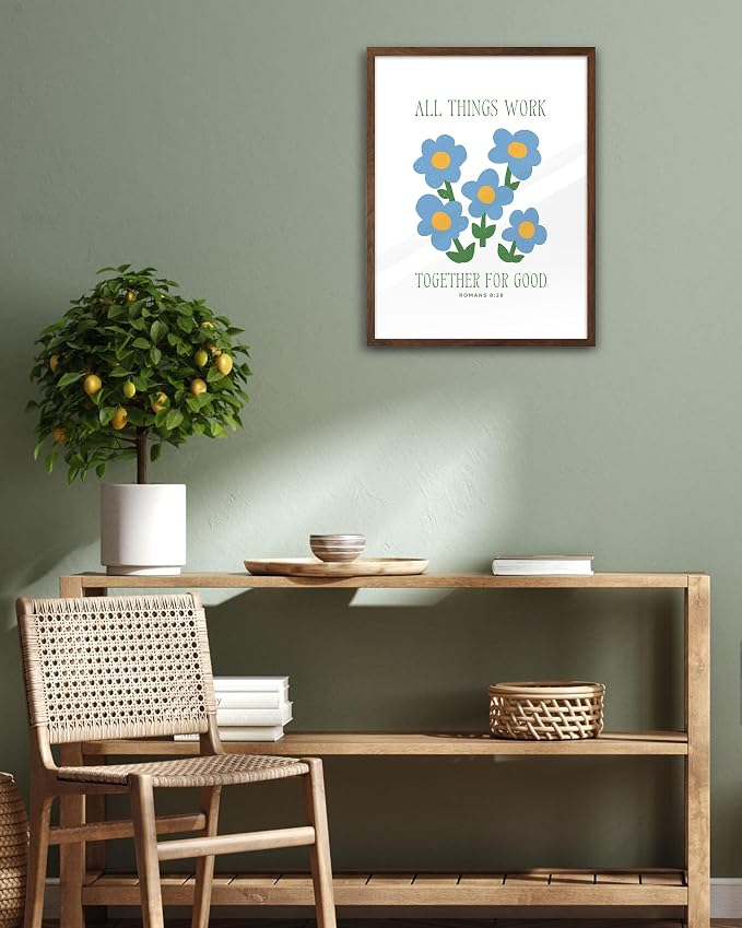 EcoHest 12x16 in Romans 8:28 All Things Work Blue Floral Christian Wall Art | Walnut Color Solid Oak Frame with Canvas Wall Art, Scripture Bible Verse Decor for Bedroom, Living Room, Office, Church,1Pack