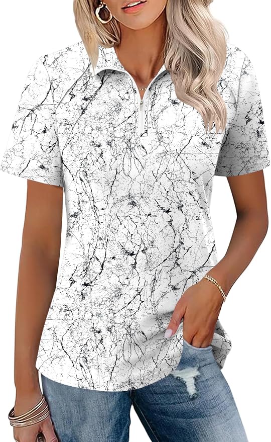 LOMON Womens Golf Polo Shirt Summer Short Sleeve Quarter Zip Outfit | Side-Pockets,Princess Seams,Cotton,Wrinkle Free,Moisture Wicking,Quick-Dry,Lightweight,Collared,for Tennis Workout