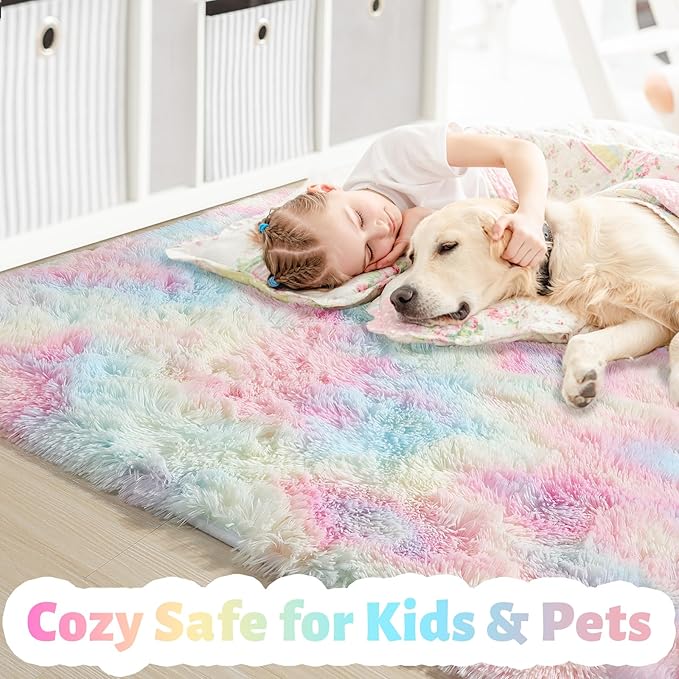 Amdrebio Rainbow Unicorn Large Area Rug 9x12 for Living Room Girls Bedroom | Fluffy Shag Soft Cute Pastel Kids Carpet, Classroom Playroom Nursery Decor, Cutecore Kidcore Aesthetic, Baby Toddler Corner