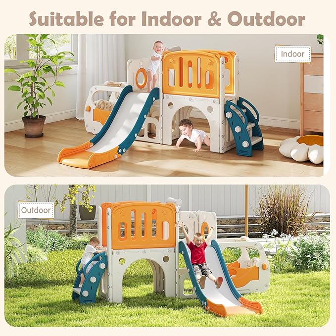 kinbor 9 in 1 Toddler Slide Set - Kids Slide with Basketball Hoop, Bus-Themed PlaySet with Easy Climb Stairs & Storage, Toddler Indoor Outdoor Playground