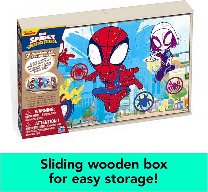 Spin Master Games, Marvel Spidey and His Amazing Friends Puzzles 7-Pack, Jigsaw Kids Puzzles with Sliding Wood Storage Box, Spiderman Toys, for Kids Ages 4 & Up