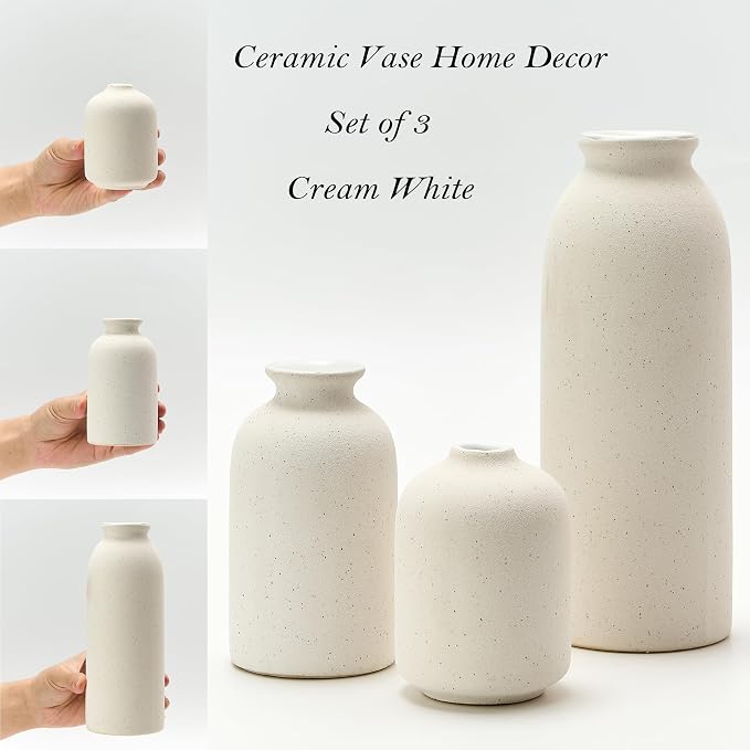 Ceramic Vase Set of 3, Decorative Nordic Minimalist Vases Home Decor for Living Room Kitchen Bedroom Entryway Mantel Table, Modern Decor for Bouquet Pampas Grass Dried Fresh Flowers- Cream White