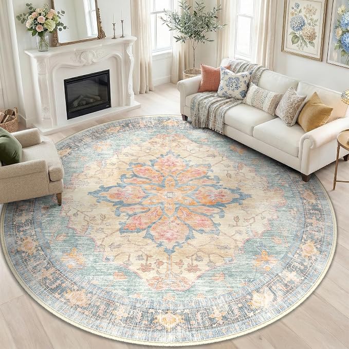 RELEANY Area Rugs Round 8ft Washable Non-Slip, Floral Vintage Distress Medallion Carpet for Living Room Bedroom Dining Room, Blue Orange Red