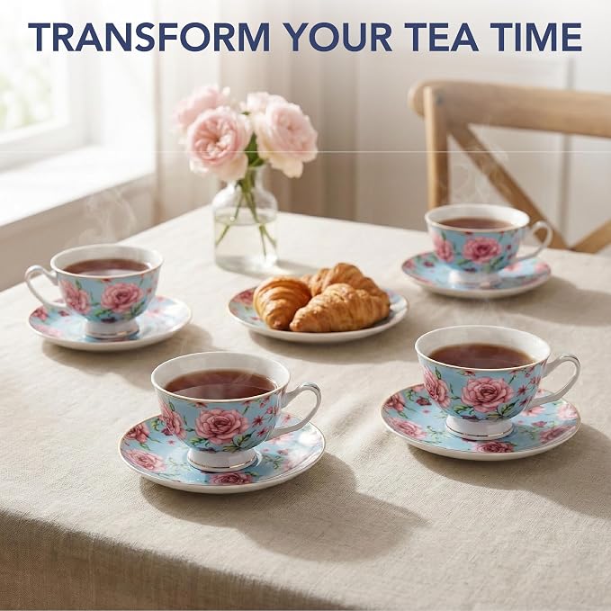 BTaT- Floral Tea Cups and Saucers, 8 oz, Fine Porcelain Teacup Set with Gold Trim for Afternoon Tea, Weddings, Parties & Gifting, Dishwasher Safe, Lightweight, Non-Toxic, Set of 4