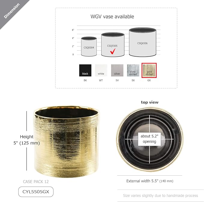 WGVI Gold Etched Ceramic Cylinder Vase Width 5.5" Height 5", Flower Arrangements, Candle Holder, Terrarium Planter Pot, Storage Container Organizer, Pen Brush Holder, Scratched Texture Design, 6 Pc