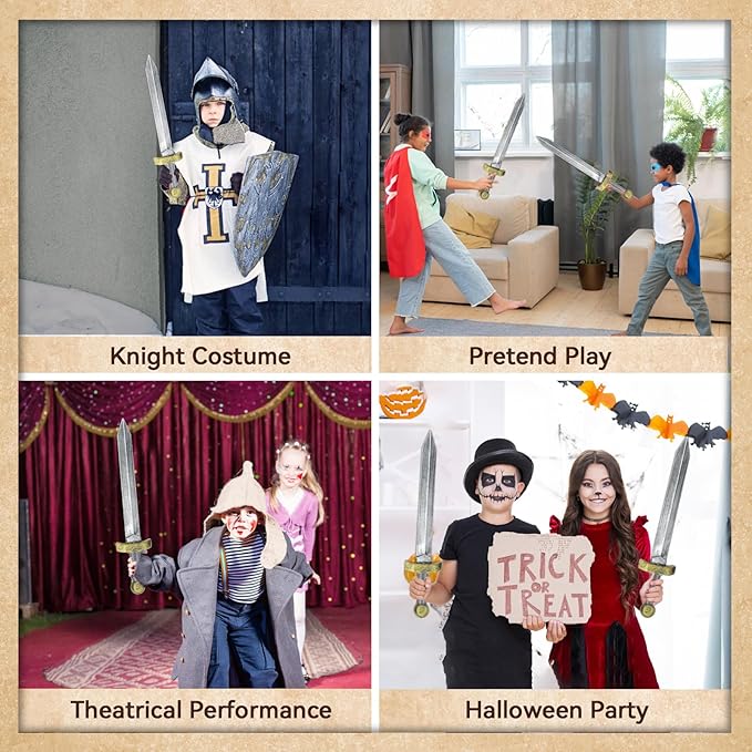2pcs Toy Sword,18.9" Plastic Roman Sword for Kids Boys Role-Play Accessory,Medieval Knight Toy,Halloween Cosplay,Props Silver