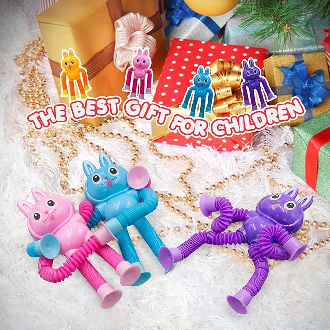 Pop Tubes Bunny Fidget Toys for Kids, 4Pack Fidget Pop Toys Telescopic Suction Cup Toy for Stress and Anxiety Relief, Stocking Stuffers Gift for Kids and Toddlers (4Pack Rabbit)