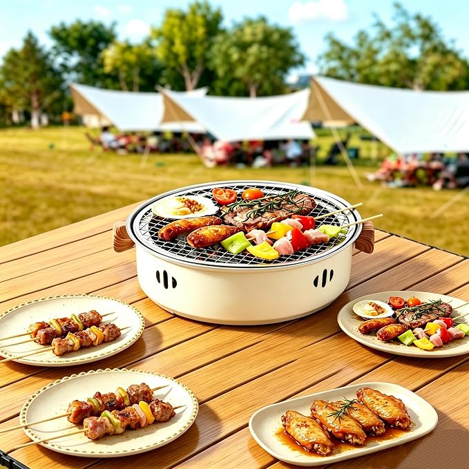Portable BBQ Charcoal Grill, Mini Tabletop Charcoal Grill Outdoor Multifunctional Round Korean Barbecue Grill for Camping Picnic Beach Party Cooking (Beige)