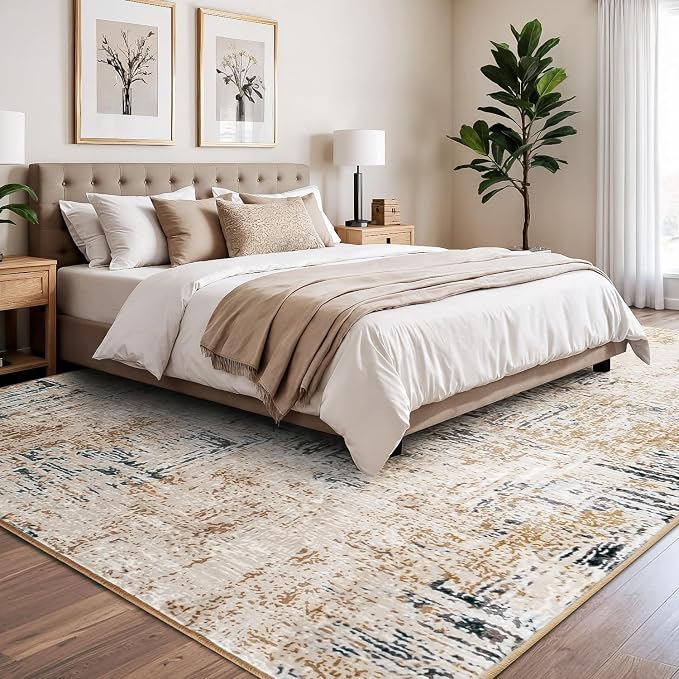 Rugflix 8x10 Area Rugs for Living Room, Washable Brown Grey Large Rug | Machine Washable; Stain-Resistant; Low Pile; Non-Slip; Modern Abstract; Carpet for Bedroom Dining Office Nursery Home