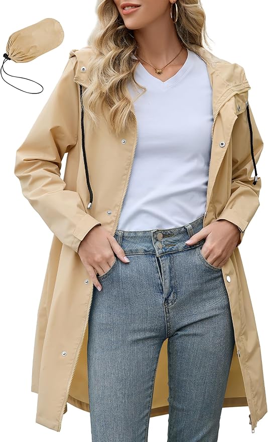 Zando Long Packable Rain Jacket Women Waterproof Raincoat with Hood | Relaxed-Fit Lightweight Windbreaker for Women; Travel Rain Coats for Commute, Hiking, Cruise, and Daily wear