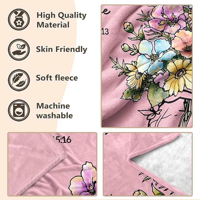 Christian Birthday Gifts for Women, Christian Religious Blanket with Flower | Birthday Gifts for Women, Spiritual Baptism Gifts for Grandma Mom Daughter Girls Wife, Soft Throw Blanket 80''x 60'', Pink