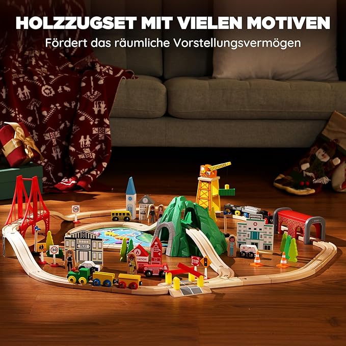 SainSmart Jr. 112-Piece Wooden Train Set for Toddler – Double-Sided Train Tracks, Compatible with Brio, Thomas, Melissa & Doug – Perfect Wood Toy for Boys and Girls