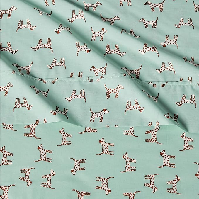 Amazon Basics 100% Organic Cotton Kids' Sheet Set with Pillowcase, Deep Pockets, Gets Softer with Each Wash, Queen, Spotted Dogs, Oeko-TEX Certified