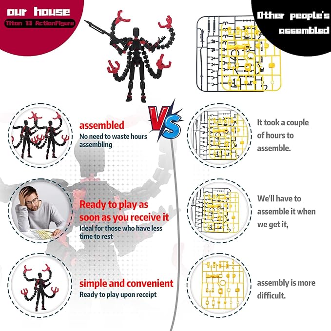 Already Assembled T13 Action Figure Accessories,T13 Multi-Jointed Movable,for Collectors Desktop Decorations t-13 Movability 3D Printed Toys (Black Red, 7.2 Inch)