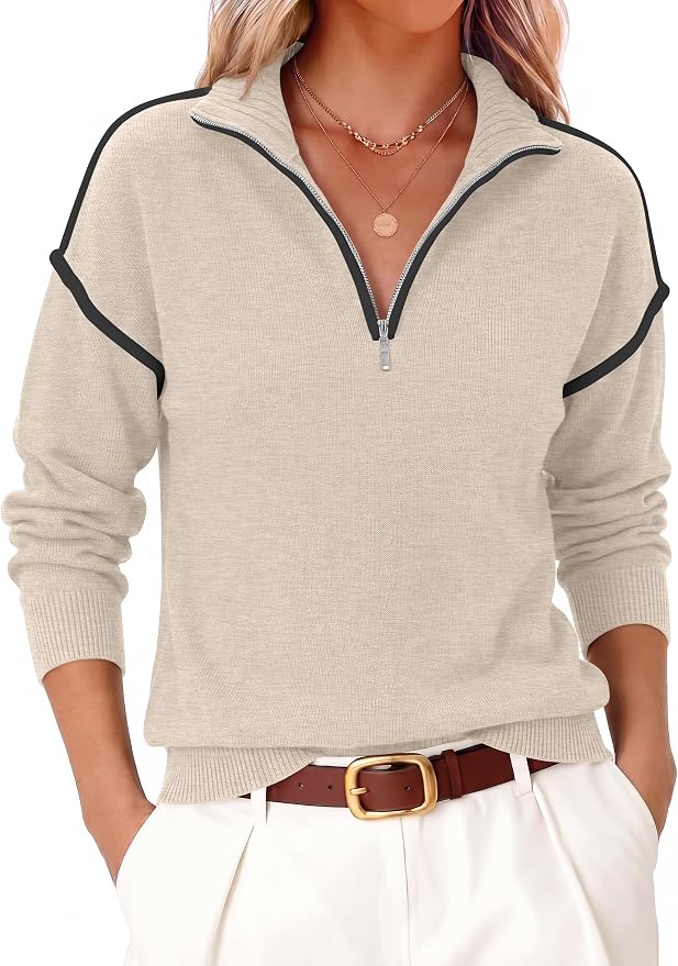 ANRABESS Womens Quarter Zip Sweaters Fall Long Sleeve V Neck Shirts Collared Business Casual Tops Knit Pullover Sweatshirts