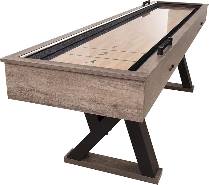American Legend Kirkwood 9’ Shuffleboard Table with LED Rails, Bowling Game Set, Rustic Wood Finish & Accessories Included