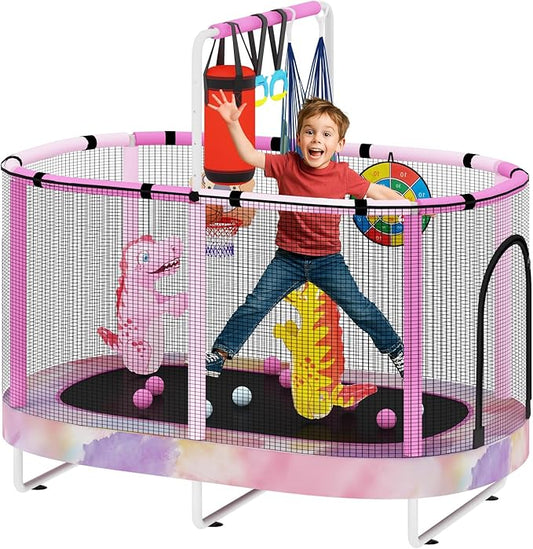 LAMERGE 55" 7-in-1 Round Trampoline for Kids Boys & Girls Ages 1-8, Indoor & Outdoor Trampoline for Fun, Adjustable Height Handrail ＆ Enclosed Safety Net ＆ Durable Designs for Toddlers Children