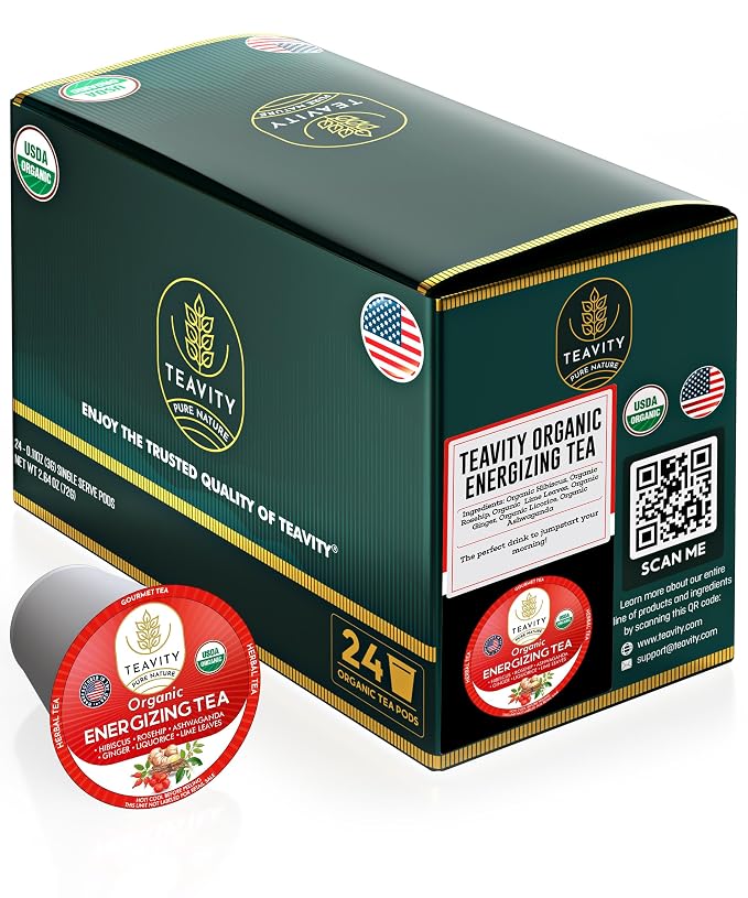 Organic Ashwagandha TeaPods for Keurig with Ginger, Licorice, Hibiscus, Rosehip, & Lime - Decaf HerbalTea - Energizing Tea by Teavity (24 Tea Pods)