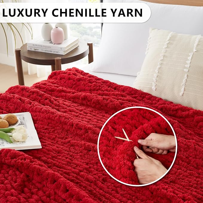 L'AGRATY Chunky Knit Throw Blanket for Couch, 72'' x 84'' Knit Throw, Red | Handmade Chenille Crochet Blanket for Sofa Bed, Thick Cable Knitted Blankets for Room Home Decor, Birthday Gift for Women Mom