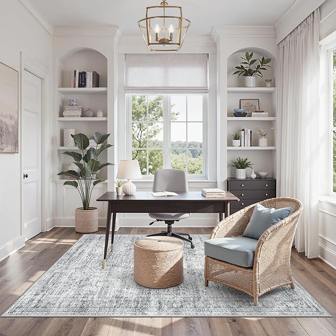 Soalmost 3x5 Rugs Non-Slip, Small Washable Kitchen Entryway Area Rug Grey | Vintage Low Pile Carpet for Nursery Coffee Table Bathroom, Foldable Stain Resistant Indoor Door Mat Entrance Powder Room