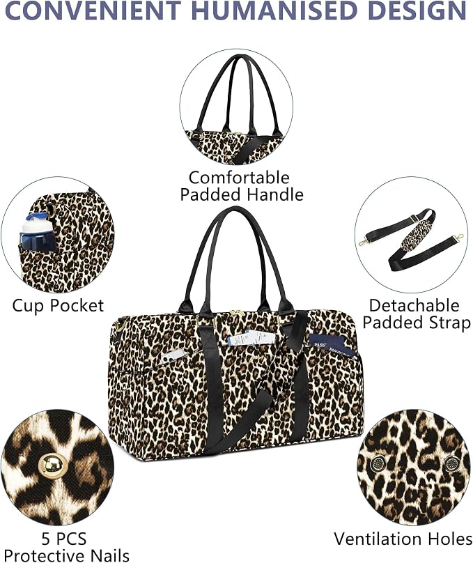 Women Weekender Travel Duffle Bag: Travel Duffel Overnight Bags with Shoe Compartment Large Carry on Tote with Toiletry Bag Weekend Traveling Yoga Gym Hospital Bag for Women with Wet Pocket Cheetah