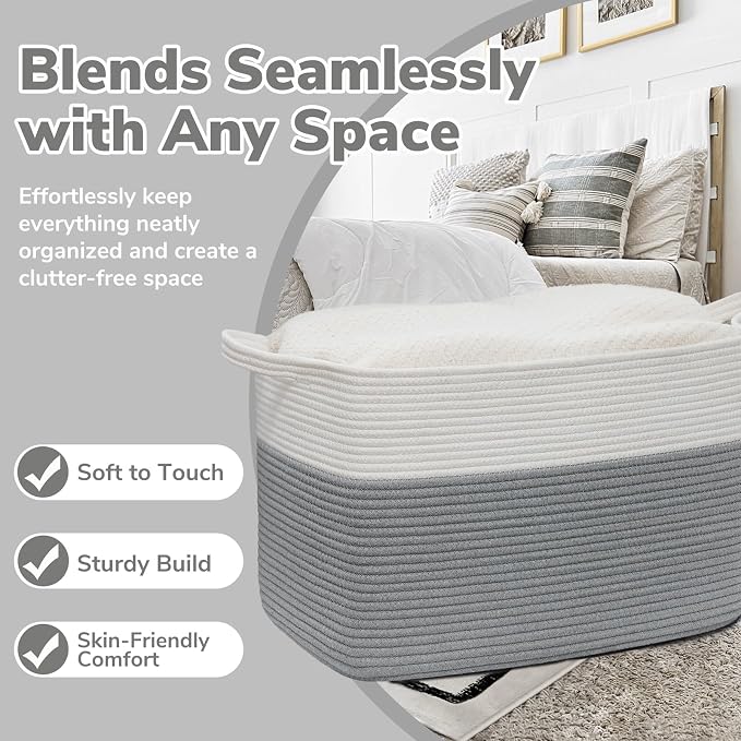 Goodpick 105L Extra Large Woven Blanket Basket Cotton Rope Storage Baskets for Organizing, Rectangle Baby Laundry Basket for Living Room Home Decor, 25"x16"x16", White & Gray