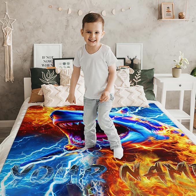 Boys Blanket Personalized Shark Gift for Kids Teens, 40x50 Inches Lightweight Comfy All Season Custom Throw Blankets for Sofa Chair Bed Office