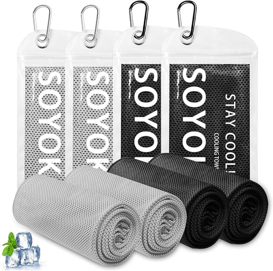 SOYOK 4 Packs Cooling Towels, 40" x 12" Microfiber Cooling Towels for Neck and Face, Soft Breathable for Working Out with Waterproof Bag & Carabiner, Suit for Running, Yoga, Climb, Travel