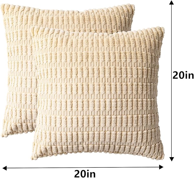 Aegero Pack of 2 Corduroy Decorative Throw Pillow Covers 20x20 Inch, Beige | Fall Soft Striped Pillow Covers Modern Farmhouse Home Decor Christmas Throw Pillow Covers for Sofa Living Room Couch Bed