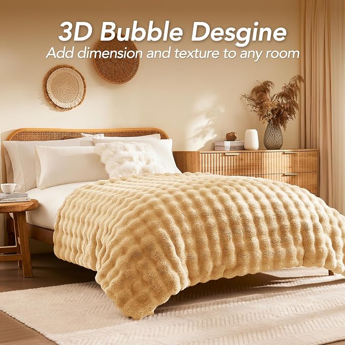 L'AGRATY Faux Rabbit Fur Throw Blanket for Couch, 60''x80'', Milk Tea Brown | Soft Cozy Bubble Fluffy Blanket for Sofa Bed, Thick Warm Plush Fuzzy Throw for Room Home Decor, Luxury Gift for Women Mom