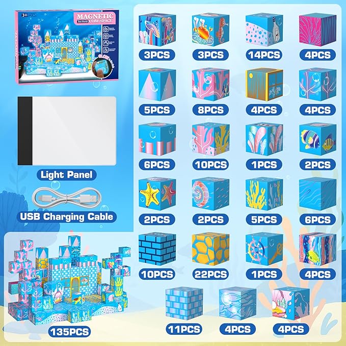 Magnetic Building Blocks-135 PCS Growing Ocean Magnet Cubes Tiles with USB Light Panel,STEM Sensory Construction Toys Set Christmas Birthday Gifts for Kids Boys Girls Toddlers Ages 3+,4-8,6-8