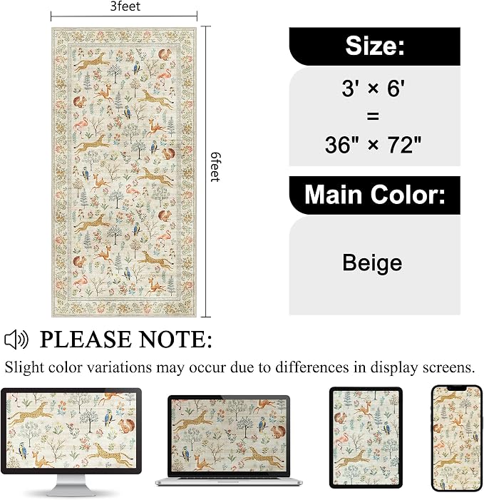 DUKINO 3x6 Kitchen Runner Rug, Washable Animal Rug for Hallway, Beige | Non Slip, Low Pile, Soft Indoor Carpet for Entryway, Bedroom, Bathroom, Laundry, Lightweight, Pet Friendly, Stain Resistant
