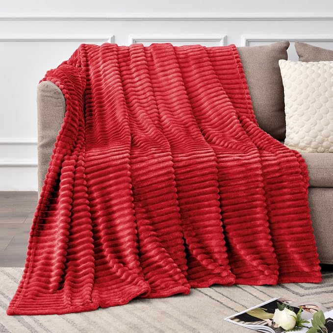 BEDELITE 3D Ribbed Jacquard Red Fleece Twin Blanket for Bed, 60x80 Inch | Soft Warm Decorative Fluffy Blanket, Cozy Plush Lightweight Fuzzy Throw Blanket for Couch Sofa Room Decor, Gift for Women