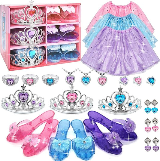 Princess Dress Up for Girls - Toddlers Clothes with Skirts, Shoes, Crown & Play Jewelry, Princess Costume Toys for Girls Age 3,4,5,6 Year Old, Kids Shoes Role Play Gift Idea for Birthday Christmas