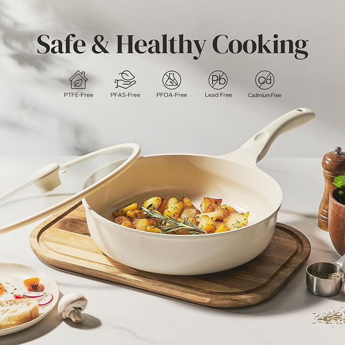 Redchef Ceramic Frying Pan with Glass Lid, Nonstick Deep Saute Pan for All Stovetops, Healthy Cooking Pan, Ergonomic Handle, Fast Even Heating, Splatter Prevention, Oven Safe, Beige (5.2Qt, 12")