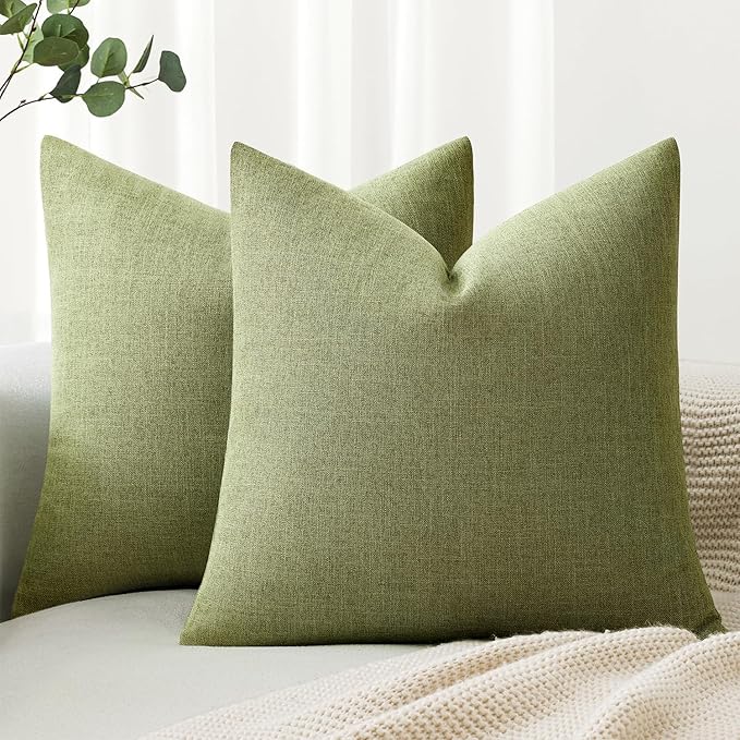 MIULEE Pack of 2 Decorative Linen Burlap Textured Pillow Covers Farmhouse Boho Accent Pillowcases Spring Home Decor for Couch Sofa Bedroom Living Room 18x18 Inch Light Olive Green