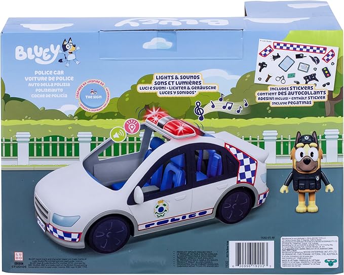 Bluey Police Car, Vehicle from The Special Episode The Sign. Includes Police Car with Flashing Lights & Sounds, Policeman Figure, and Themed Sticker Set. Batteries Included.
