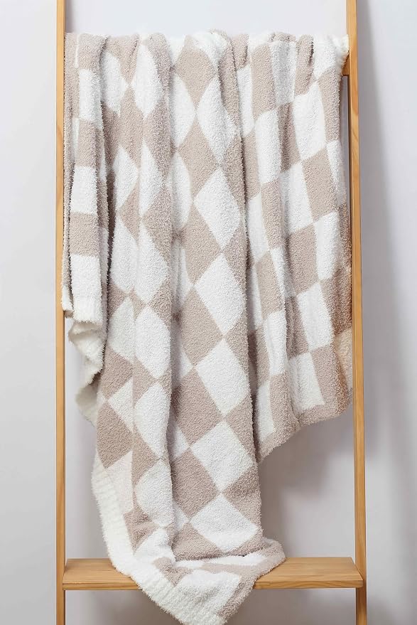 CREVENT 50‘’X60‘’ Ultra Soft and Plush Reversible Microfiber Throw Blanket for Couch Sofa and Bed (Checkered Beige)