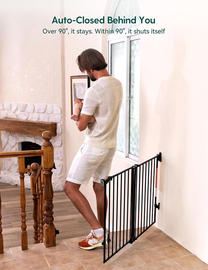Babelio Baby Gate for Stairs, Kitchen & Doorways, No Bottom Bar| Easy Installation| One-Handed Operation| Auto-Close| Hardware Mount (Drill Needed) Safety Dog Gate (Black - B17, 34" H, 29-49" W-Wide)