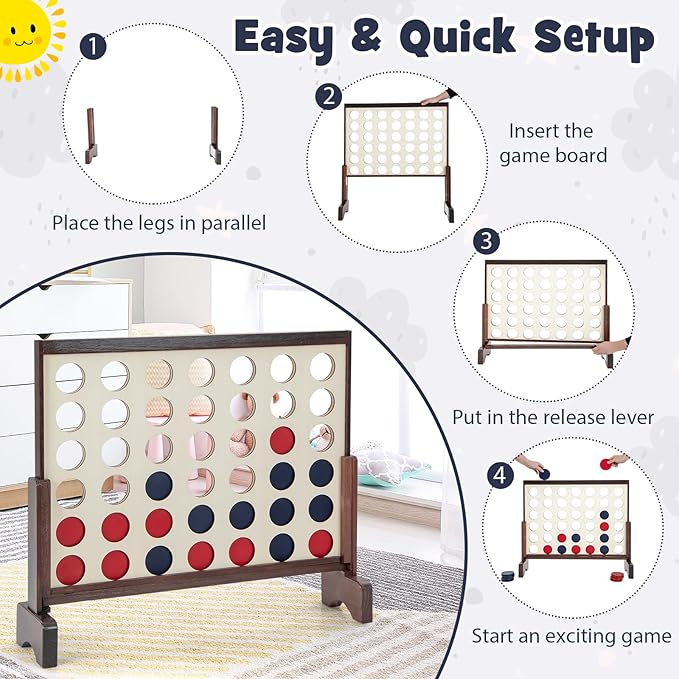Costzon Giant 4-in-a-Row Game Set, Wooden Jumbo 4-to-Score Game with 42 PCS Chips & 600D Oxford Fabric Carrying Bag, Indoor Outdoor Line-up-4 Game for Kids & Adults, Ideal for Camping (Natural)