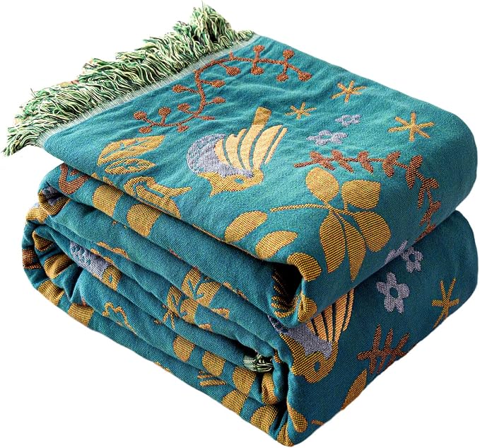 MSGKV Boho Throw Blanket 60"x80" 100% Cotton Bird Quilt for Bed & Couch | 100% Cotton Throw, Bird Quilt Design, Muslin Blanket, Summer Breathable, Farmhouse Decor, Lightweight, Machine Washable